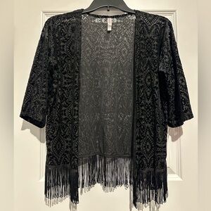 NWT Black Velvet Patterned Kimono with Fringe
